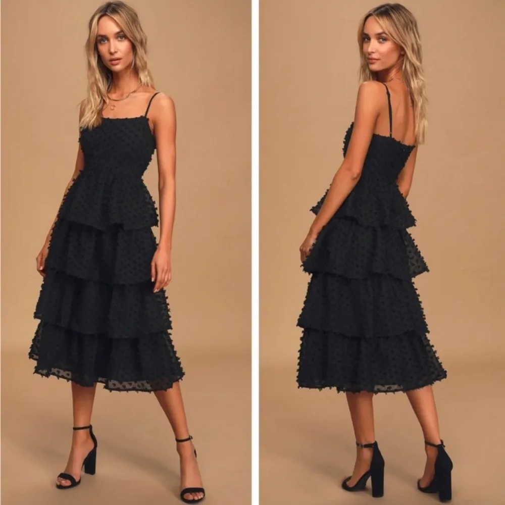 Lulus Flirting with You Black Tiered Pom Pom Midi Dress